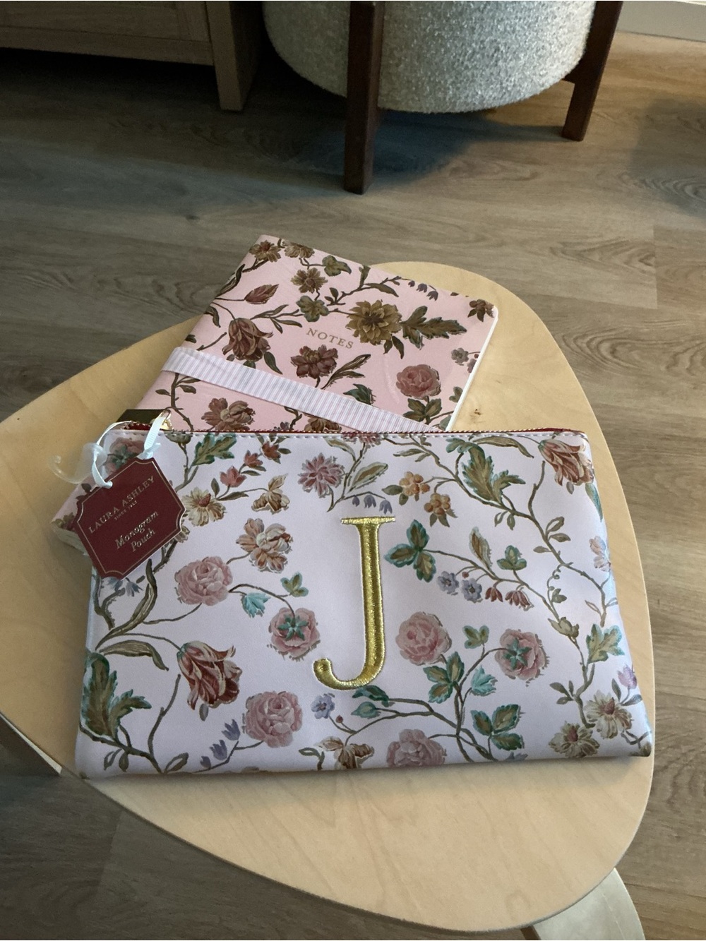 Monogram ‘J’ Floral Zip Pouch with Matching Floral Notebook - Pink